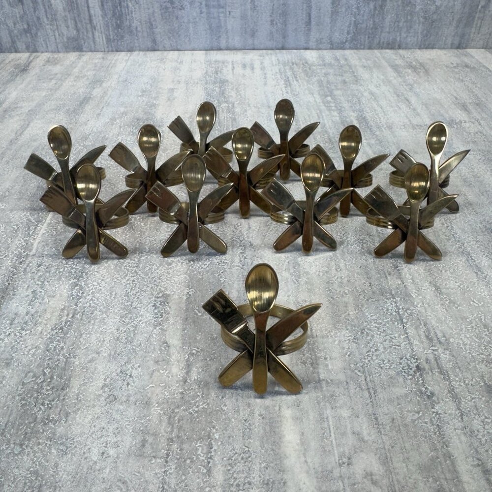 12 Vintage Brass Napkin Rings Fork Knife Spoon Design Table Decor Retro VTG Mcm
